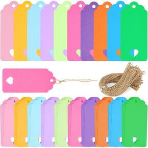 SallyFashion 80PCS Pink Heart Gift Tags with String, 3.5 x 1.5 Inches Paper Tags for Wedding, DIY Crafts