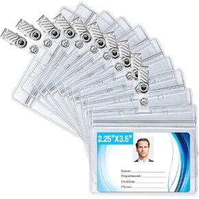 ID Badge Holder with Metal Badge Clips – Waterproof Sealable Clear Plastic Vertical ID Card Holder for Work ID, Key Card, Driver’s License (Vertical 10 Pack)