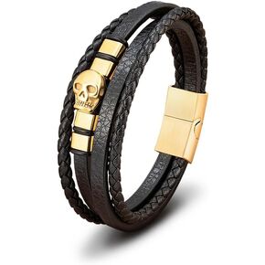 Mens Leather Skull Bracelets, Multi-layers Braided Cuff Rope Bracelets with Stainless Steel Skull for Men, Mens Punk Jewelry Wristband