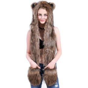 ITODA Faux Fur Wolf Animal Hood Hat 3 in 1 Furry Cosplay Costume Cartoon Hoodie Cap with Paw Gloves Scarf Plush Warmer Hat