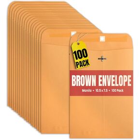 1InTheOffice Clasp Envelopes, Catalog Envelopes, 7 1/2"" Width x 10 1/2"", 28 lb, Clasp and Gummed Closure, Brown Kraft, 100/Pack