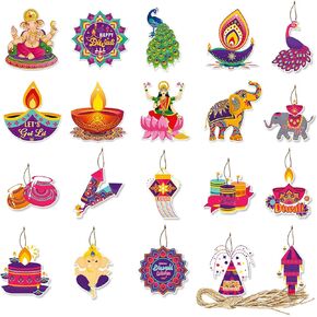 Happy Diwali Party Supplies Gift Bag Tags - Assorted Hanging Deepawali Party Favor Tags - Festival of Light Goodie Bag Tag Toppers Double-Sided Diwali Party Decorations Set of 20 Packs