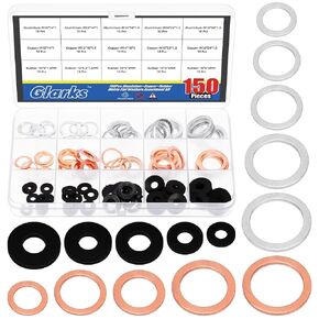 Glarks 150pcs Copper & Aluminum & Rubber Oil Drain Plug Crush Washer Gasket Assortment, M10 M12 M14 M16 M18 M22 M24 Copper Crush Washer and Aluminum Oil Plug Gasket 4MM 5.2MM 6MM Rubber Flat Washer