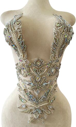 Pure Handmade Rhinestones lace Applique Accessories handsewing Beads Stones Trim Patches for Girl Wedding Dress 11X22inches (Clear AB) in Saudi Arabia