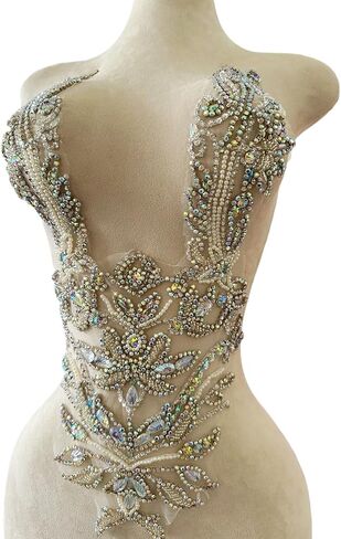 Pure Handmade Rhinestones lace Applique Accessories handsewing Beads Stones Trim Patches for Girl Wedding Dress 11X22inches (Clear AB) in Saudi Arabia