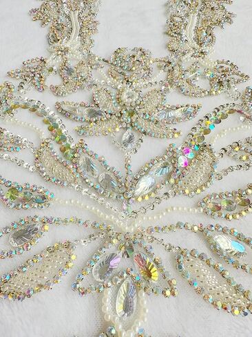 Pure Handmade Rhinestones lace Applique Accessories handsewing Beads Stones Trim Patches for Girl Wedding Dress 11X22inches (Clear AB) in Saudi Arabia
