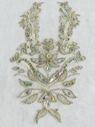 Pure Handmade Rhinestones lace Applique Accessories handsewing Beads Stones Trim Patches for Girl Wedding Dress 11X22inches (Clear AB) in Saudi Arabia