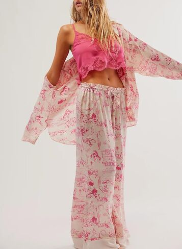 Argeousgor Women Floral Pajama Sets Silk Satin Lounge Set Long Sleeve Button Down Shirt Pants 2 piece Pjs Sleepwear in Kuwait