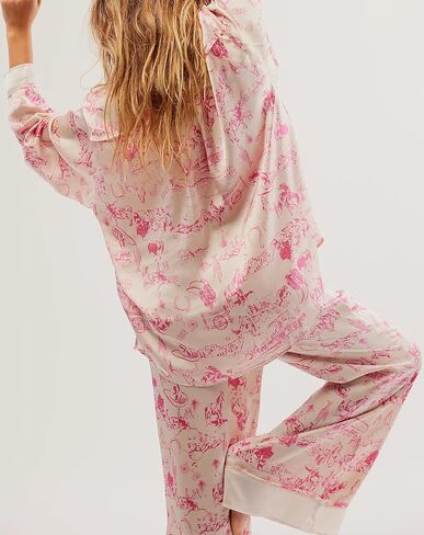 Argeousgor Women Floral Pajama Sets Silk Satin Lounge Set Long Sleeve Button Down Shirt Pants 2 piece Pjs Sleepwear in Kuwait