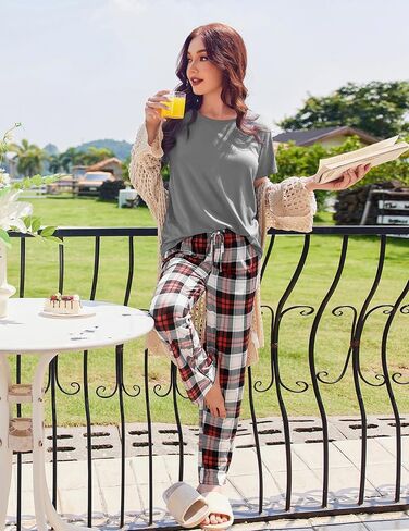 Ekouaer طقم بيجامة نسائي مكون من قطعتين بأكمام قصيرة وقميص وسروال 4 قطع من Pjs Lounge Sets مع جيوب in Saudi Arabia