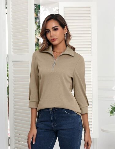 Womens 3/4 Sleeve Tops and Blouses V Neck Basic Polo Shirts Casual Dressy Solid Work Tops in Saudi Arabia