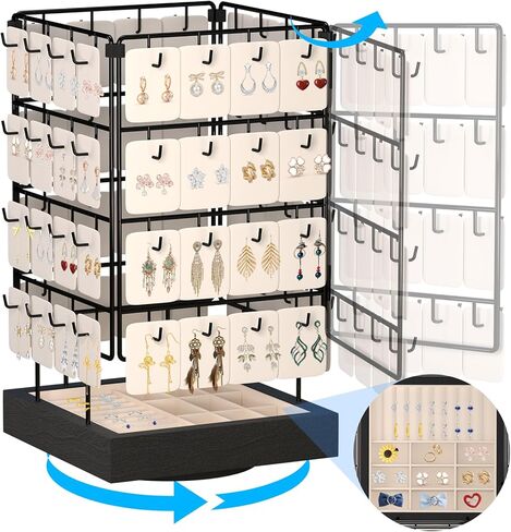 AO LI GEI Rotating Earring Display Stands for Selling,Earring Jewelry Holder Organizer with Ring Tray/Necklace,64 Hooks Jewelry Rack with Wooden Base for Vendors Earring Card Sales (Black) in Saudi Arabia