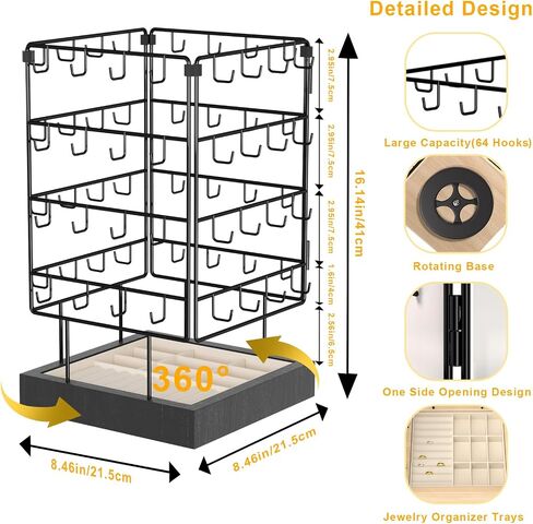 AO LI GEI Rotating Earring Display Stands for Selling,Earring Jewelry Holder Organizer with Ring Tray/Necklace,64 Hooks Jewelry Rack with Wooden Base for Vendors Earring Card Sales (Black) in Saudi Arabia