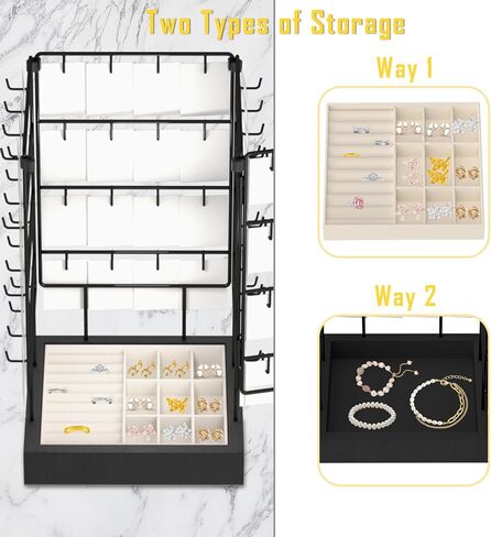 AO LI GEI Rotating Earring Display Stands for Selling,Earring Jewelry Holder Organizer with Ring Tray/Necklace,64 Hooks Jewelry Rack with Wooden Base for Vendors Earring Card Sales (Black) in Saudi Arabia