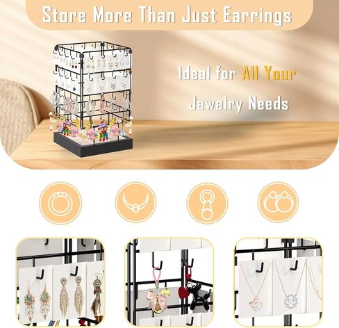 AO LI GEI Rotating Earring Display Stands for Selling,Earring Jewelry Holder Organizer with Ring Tray/Necklace,64 Hooks Jewelry Rack with Wooden Base for Vendors Earring Card Sales (Black) in Saudi Arabia