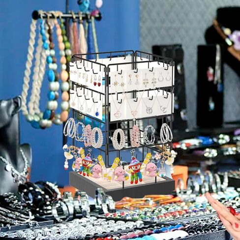 AO LI GEI Rotating Earring Display Stands for Selling,Earring Jewelry Holder Organizer with Ring Tray/Necklace,64 Hooks Jewelry Rack with Wooden Base for Vendors Earring Card Sales (Black) in Saudi Arabia