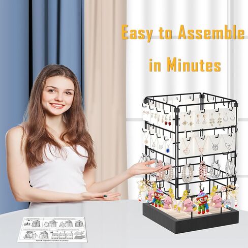 AO LI GEI Rotating Earring Display Stands for Selling,Earring Jewelry Holder Organizer with Ring Tray/Necklace,64 Hooks Jewelry Rack with Wooden Base for Vendors Earring Card Sales (Black) in Saudi Arabia