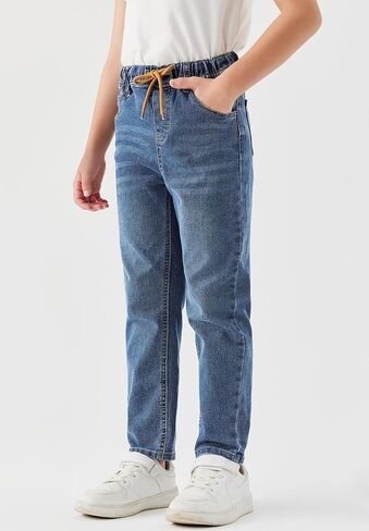 بنطال جينز للأولاد من Haloumoning بخصر مطاطي وأرجل مستقيمة من الدنيم مع رباط من 4 إلى 14 سنة in Kuwait