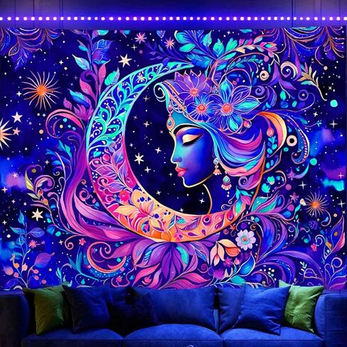 TUGCAY Blacklight Moon and Star Tapestry, UV Reactive Elegant Goddess Mandala Moon Sun Tapestry Starry Night Tapestries Wall Hanging for Bedroom Dorm Decor(51.2 x 59.1 Inches) in Saudi Arabia