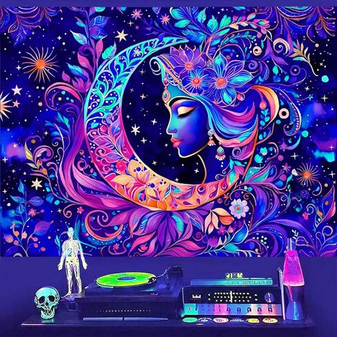 TUGCAY Blacklight Moon and Star Tapestry, UV Reactive Elegant Goddess Mandala Moon Sun Tapestry Starry Night Tapestries Wall Hanging for Bedroom Dorm Decor(51.2 x 59.1 Inches) in Saudi Arabia