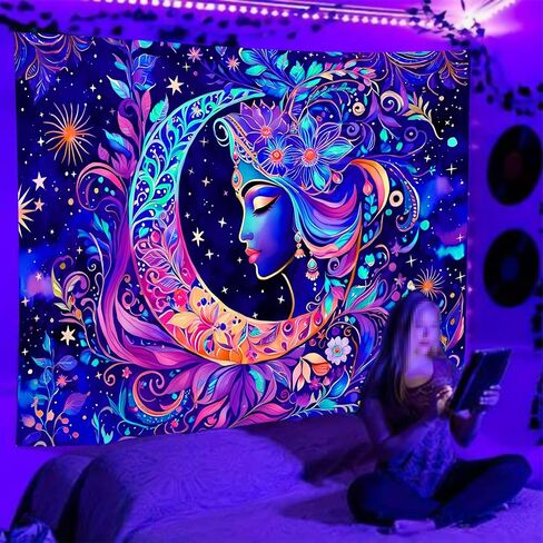TUGCAY Blacklight Moon and Star Tapestry, UV Reactive Elegant Goddess Mandala Moon Sun Tapestry Starry Night Tapestries Wall Hanging for Bedroom Dorm Decor(51.2 x 59.1 Inches) in Saudi Arabia