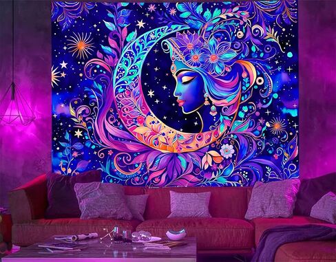 TUGCAY Blacklight Moon and Star Tapestry, UV Reactive Elegant Goddess Mandala Moon Sun Tapestry Starry Night Tapestries Wall Hanging for Bedroom Dorm Decor(51.2 x 59.1 Inches) in Saudi Arabia