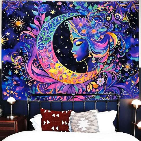 TUGCAY Blacklight Moon and Star Tapestry, UV Reactive Elegant Goddess Mandala Moon Sun Tapestry Starry Night Tapestries Wall Hanging for Bedroom Dorm Decor(51.2 x 59.1 Inches) in Saudi Arabia