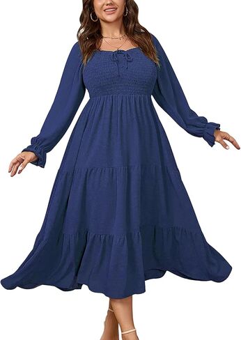 Womens Plus Size Flowy Maxi Dress Long Sleeve Square Neck Smocked A Line Formal Long Dresses for Women Wedding Guest in Kuwait