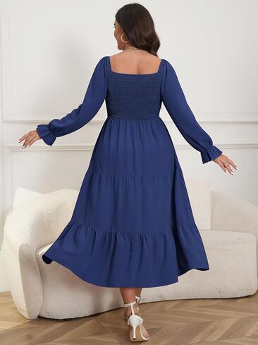 Womens Plus Size Flowy Maxi Dress Long Sleeve Square Neck Smocked A Line Formal Long Dresses for Women Wedding Guest in Kuwait