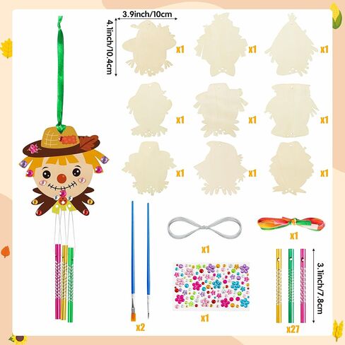 OSNIE Fall Scarecrow Wind Chime - 9 قطع تجعلك تمتلك حلي خشبية لأطقم حرفية الخريف للتعليق على الحائط ديكور المنزل الفني DIY هدايا ممتعة احتفالية للخارج، الشرفة، الفناء، الشرفة، الحديقة، ديكور الفناء الخلفي in Kuwait