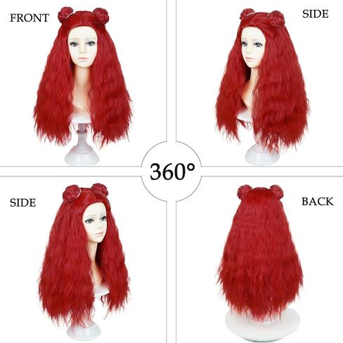 Probeauty Long Red Curly Wig for Girls Kids, Princess Red Movie Costume Wig with Buns for Halloween Cosplay Party in Kuwait
