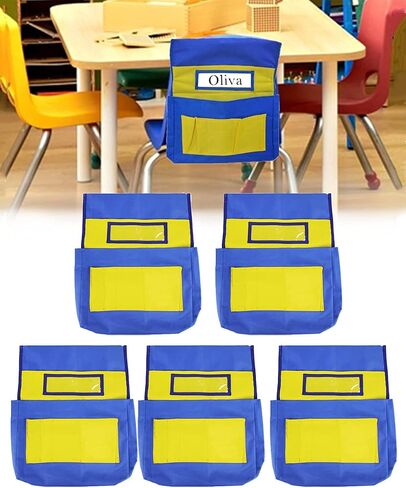 Classroom Chair Back Hanging Organizer, Kids Seat Pocket Storage Bag for School Preschool Daycare Student Supply for Boys, 5Pcs, Blue Yellow in Kuwait