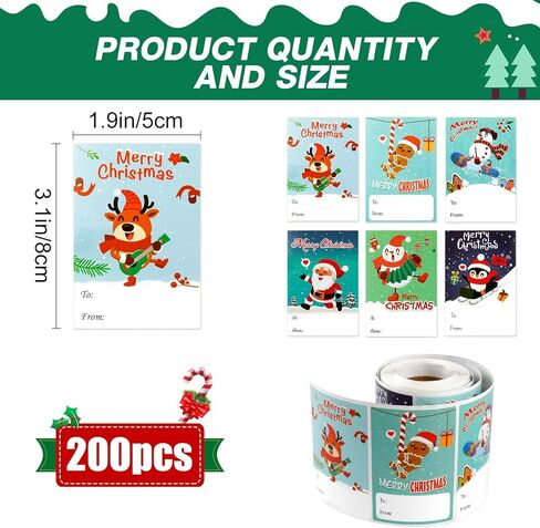 200 قطعة من ملصقات عيد الميلاد، ملصقات عيد الميلاد، ملصقات ملصقات عيد الميلاد مقاس 1.5 * 2.6 بوصة، ملصقات عيد الميلاد مصممة مع 6 عناصر عيد الميلاد، علامات عيد الميلاد، زينة عطلة عيد الميلاد in Kuwait