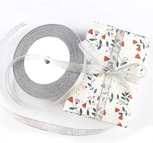 شريط فضي لامع من Tegg بطول 250 ياردة/ 6 لفات 1/4 بوصة من نسيج الأورجانزا الفضي المتلألئ، دانتيل مزدوج الجوانب لحفلات الزفاف وأعياد الميلاد، حزمة هدايا يدوية الصنع in Kuwait