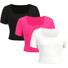SOLY HUX Girl's Square Neck Short Sleeve T Shirts 3 Packs Basic Crop Tops Slim Fitted Tees