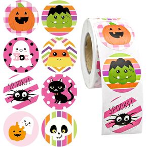 500PCS Halloween Round Stickers, 8 Cute Designs Roll Stickers Pink Pumpkin Ghost Spider Skull Envelope Adhesive Labels for Halloween Party Gift Greeting Card Candy Goodie Decor, 1.5 Inch