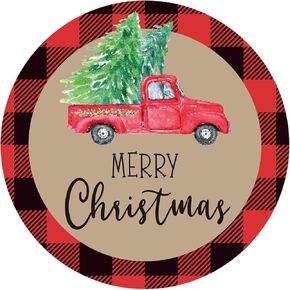 G2PLUS Merry Christmas Stickers, 120PCS Christmas Truck Stickers, 2'' Round Christmas Gift Stickers, Red Black Buffalo Plaid Christmas Stickers, Xmas Tree Gift Stickers for Cards and Envelope Seals