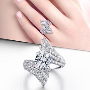 JerMrasra Angel Ring 925 Sterling Silver Rings Shiny Full Diamond Promise Rings Feather Ring Cubic Zirconia Cocktail Rings CZ Diamond Multi Row Ring Eternity Wedding Rings for Women Size 6-10（8）