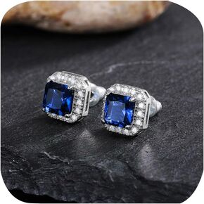 Sparkling 6mm Square Halo Stud Earrings Faux Diamond Emerald Sapphire Cubic Zirconia 925 Sterling Silver Full Diamond Delicate Stud Earrings Jewelry Gift for Banquet Party Gown Accessory green blue