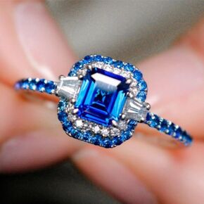 JerMrasra 925 Silver Blue Sapphire Ring, Engagement Rings for Women, Adorned with Moissanite Accents, Square Design for Anniversary, Cubic Zirconia Engagement Promise Wedding Rings for Women （9）