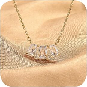 Dainty Necklaces 14k Gold/Silver Plated Square Cut Cubic Zirconia Diamond Necklaces Cute 3 Gems CZ Solitaire Choker Necklaces for Women Wedding Anniversary Trendy Jewelry Gifts Silver in Kuwait