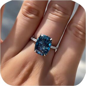 Square-Cut Blue Topaz Halo Cubic Zirconia CZ Engagement Rings Wedding Party Statement Cocktails Classic Sapphire 925 Sterling Silver Solitaire Diamond Anniversary Promise Ring for Women Size 10