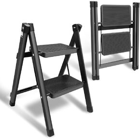 Step Ladder 2 Step Folding Stool with Wide Anti-Slip Pedal, Kitchen Step Stools for Adults Support up to 250 Lbs, Closet Step Stool Foldable for Home Library Office