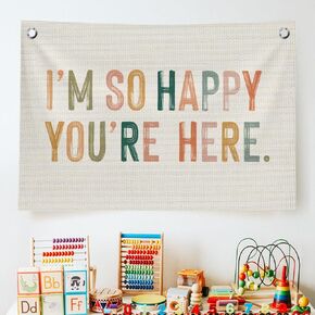 QROZIAR Boho Rainbow Welcome Wall Decor Flags for Classroom, Retro Canvas Hanging Banner Decor, I'm So Happy You're Here Sign, Wall Flags with 2 Brass Grommets for Nursery Kids Room Classroom Guest Hallway