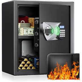 BlackSmith Home Safe 0.8 Cub Biometric Safe Box Fingerprint Recognition Security Safe with Keys Keypad Lock Box Secure Jewerly Valuables Wall Mount Cabinet Safe with LCD Display Dual Alarm System
