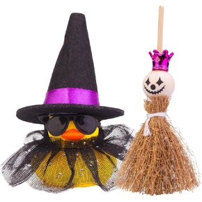 Halloween Duck Car Ornament, Rubber Duck Car Dashboard Decor with Mini Witch Hat Sash Glasses Cloak Mini Broom