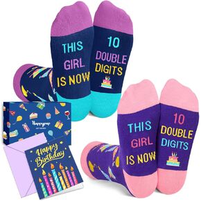 HAPPYPOP 10 Year Old Birthday Gifts Ideas for Girls - Socks for Tween Girls Age 10 in Birthday Gift Box, Presents for 10 Year Old Kids 2 Pack with Greeting Card
