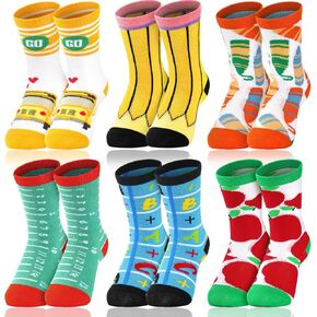 6 Pairs Back to School Socks for Kids Funny Crazy Silly Socks for Girls Back to School Gifts First Day of School Party Favors Apples Pencils School Bus Crayons Ruler Socks