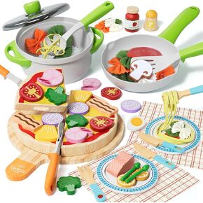 Lehoo Castle Play Food Sets for Kids Kitchen, Wooden Toys Play Kitchen Accessories with Pot and Pan, Pizza Toy Pretend Play for Toddlers 3-5, Realistic Pasta Felt Play Food Set, 3 Year Old Girl Gift