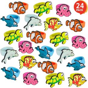 ArtCreativity Sea Life Rubber Rings for Kids, Pack of 24, Adorable Kids Jewelry for Little Girls and Boys, Fun Assorted Colors, Skin-Safe Silicon, Ocean Life Party Favors, Goodie Bag Fillers